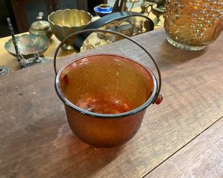 Glass Footed Cauldron w/Metal Handle