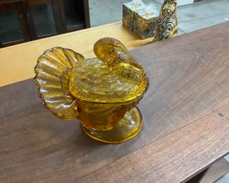 L.E. Smith Amber Turkey Candy Dish W/Lid
