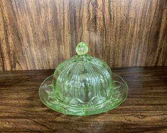 Vintage Anchor Hocking Depression Glass, Green Uranium , Butter Dish