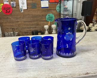 Cobalt Blue to Clear Cut Glass Lowball Rocks Glass & Pitcher Set