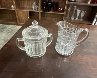 Hazel Atlas Clear Glass Sugar Bowl w/Lid and Cristal d'Arques Creamer