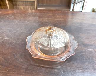 Anchor Hocking Princess Pink round Covered Butter Dish from depression era