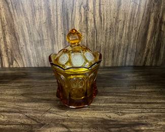 Fostoria Amber Coin Glass Candy Dish with lid featuring an 1886 Eagle and torch design