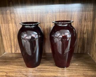Two Royal Ruby Red Glass Anchor Hocking glassware, urn shaped flower vases