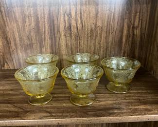 Hazel Atlas Yellow set of 5 Etched depression glasses for sherbet fruit
