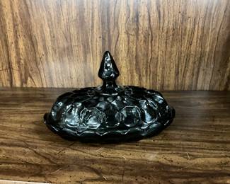 Anchor Hocking Fairfield 7" covered butter dish in a smokey grey color from the 1970s