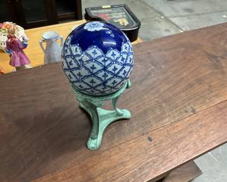 Chinese Cobalt Blue and White Porcelain Orb Ball on Stand