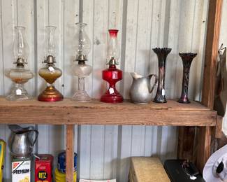 Oil lamps and carnival glass vases
