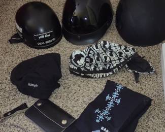 3 Helmets, Do Rags, Leather Chain Wallet, Harley Davidson Neckerchief.