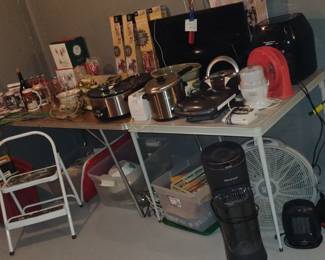 Step Ladder $15, Electric Items with cord to try, Christmas Items, Budweiser Steins, Glasses, and STL Penents.