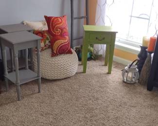 2 Gray Small End Tables $20 each,
Green Table $10, White Poof Ottoman $20,
Home Decor & Pillows $5 each