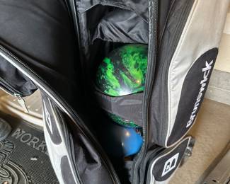 Brunswick bowling ball bag and two bowling balls