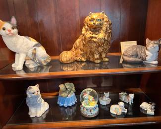 Many ceramic and porcelain cat figurines, some Lennox, some Italian all "Catfabulous!"