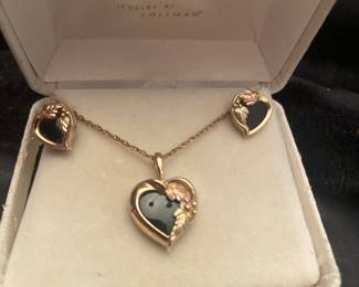 14 K GOLD CHAIN AND 10K BLACK HILLS GOLD SET EARRINGS AND PENDANT ESTATE JEWELRY SET