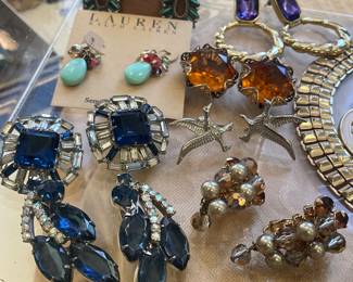 hobe' square blue and clear rhinstone clips magnificent earrings