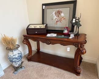 Bronze Dancer Sculpture, Lalique Nogent Bowl, Contemporary Sketch Of Woman, JQueen Watch Winder, Acme Furniture Table, Chinoiserie Style Vase