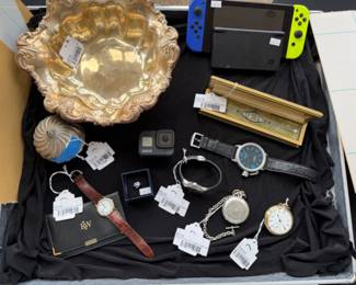 Raymond Weil Tango Chronograph Watch,  Sterling Silver Fruit Bowl, Antique Bulova Miss America Watch, Tiffany & Co. Match Holder, Raymond Weil Geneve Watch, Raymond Weil Tango Chronograph Watch, Grand Prix 1889 Pocket Watch, Elgin Pocket Watch