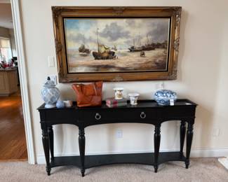 Sailboat Oil Painting, Grimes Wide Grand Console Table, Guangxu Dragon Bowl, Royal Crown Derby Vase