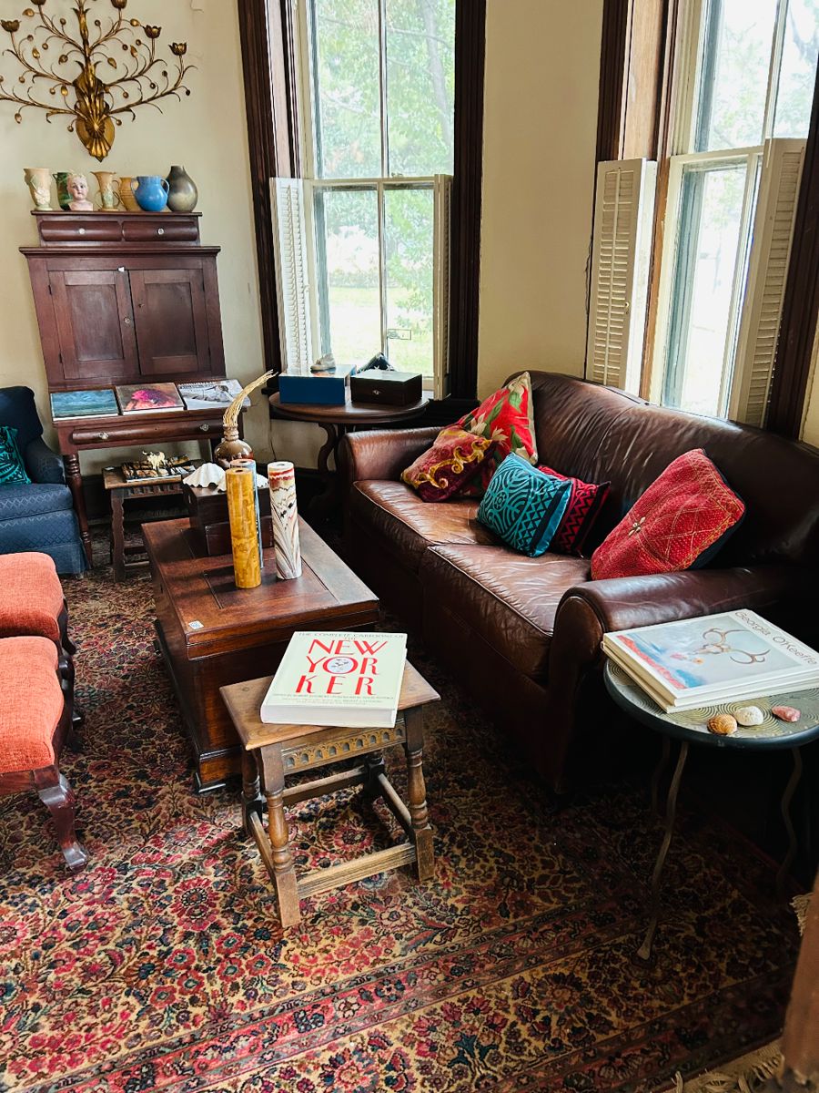 Crate and barrel, Roseville, Weller, Antiques stools, Chest, secretary, lighting