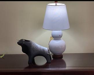 Bull statue and Ralph Lauren table lamp