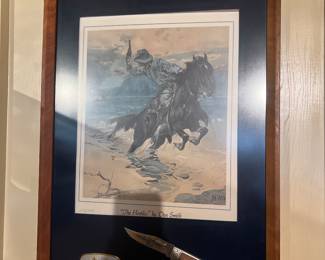 Signed numbered Dan Smith print with framed belt buckle and knife