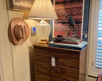 5 drawer tall boy chest, “Taking the Rough Off” by Michael Garman sculpture, original art