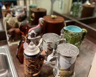 Vintage steins including Majolica