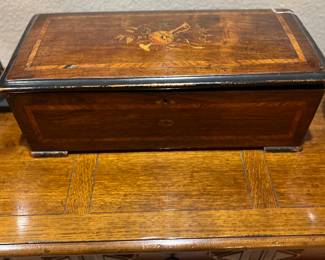 19th century antique Swiss continental marquetry inlay cylinder music box