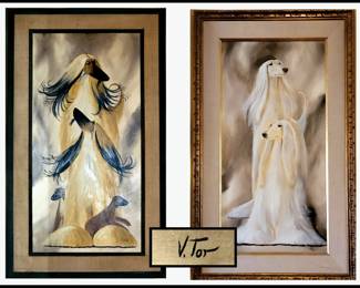 2 Stunning Original Victor Tor Oil Paintings of Beautiful Afghan Hounds Signed V. Tor. Victor Tor was born in 1937 and his paintings have been described as a World of Fantasy