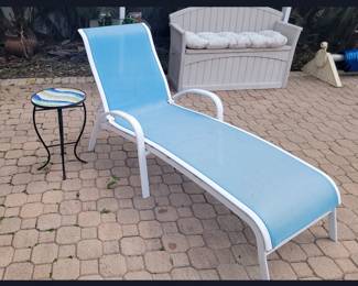 Lanai Lounge Chair and Small Table with a Rubbermaid Storage Bench in the Background