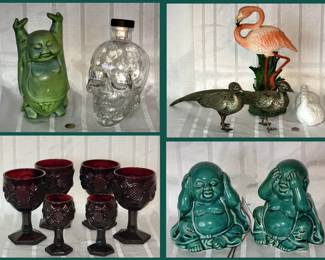 Happy Buddha, Skull Bottle, Flamingo, Vintage Metal Peacocks, Avon Ruby Glasses and Pair of Fragrance Buddha Babies