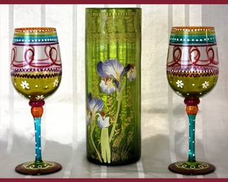 Stunning Lagras Vase and Pair of Pier One Painted Wine Glasses