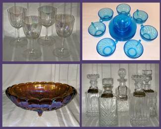 Iridescent Stemware, Blue Glass Tea Cups and Saucers, Carnival Glass Bowl and Decanters with ID Tags