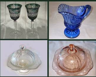 Cut to Stemware, Vintage Cobalt Creamer and Depression Glass Covered Butter Dishes