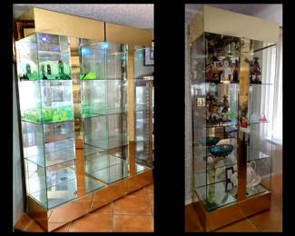 Set of 3 Fabulous Glass and Brass Lighted Display Cabinets