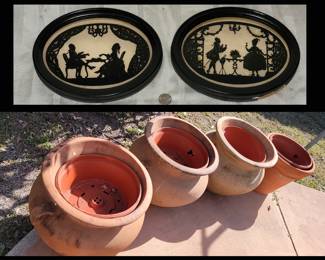 Pair of Vintage Silhouettes and Clay Pots