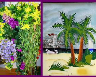 Big Bunch of Faux Flowers and Tropical Glass Plaque