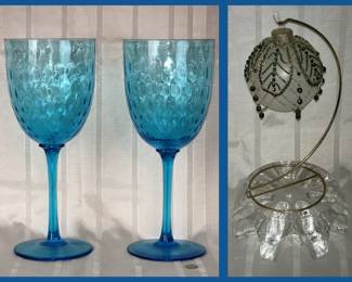 Very Tall Stemware and Beaded Christmas Ornament on Glass Stand