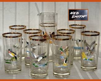 Mid Century Modern Ned Smith Marked Bird Glassware Set