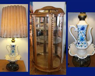 Funky Lamp Showing a Close Up of the Base and One of a Pair of Matching Vintage Display Cabinets