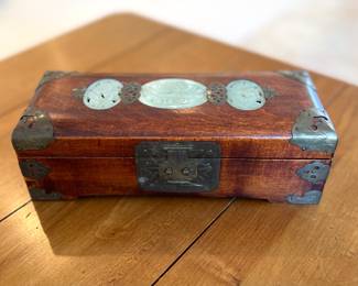 Vintage Chinese Jewelry Box with brass hinges and beautiful jade medallions 