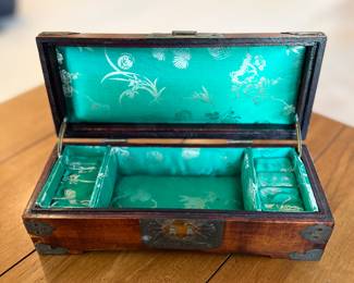 Vintage Chinese Jewelry Box with brass hinges and beautiful jade medallions 