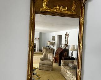English George II RELIEF Carved Giltwood Tabernacle Mirror 19thC The architectural Penamint surrounded by applied Spherules above a Frieze with Shepherd & Sheep