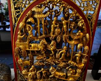 Chinese Ornate Red LAQUER & Gilt Carved Panel Scene