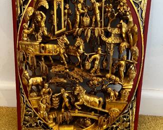 Carved Gilt Lacquered Chinese Panel Wall Plaque. Red Gilt possibly Battlefield + Landscape