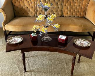 Sheraton Period reproduction oxblood leather inset Crescent shaped coffee table circa 1930 spiral turned and receded legs