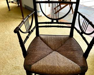 Pair of English George III BLACK LACQUERED PARCEL GILT FAUX BAMBOO RUSH CHAIRS.  Lyre Back & Arm rests