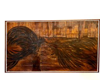 ALFREDO SANTOS 1927-
Oil on Board Signed LR
“Fighting Cocks”