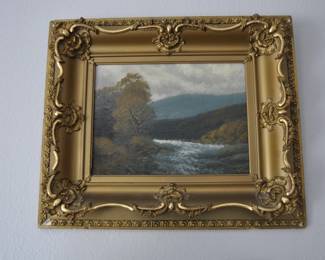 Antique frame and River scene artwork by unknown artist
