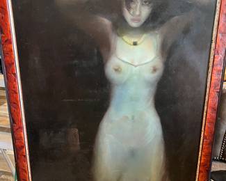 2001 original oil painting on canvas by Huang Bin Li - Woman with Pearls. Ht: 44" x Width: 36".